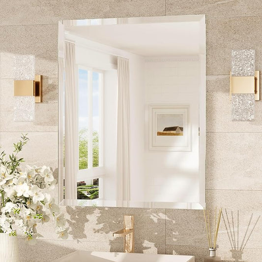 TokeShimi 24x30 Frameless Bathroom Mirror for Over Sink, Tempered Beveled Wall Mirror with 1" Beveled Edge, Shatterproof Rectangle Mirrored for Vanity, Living Room, Entryway, Restroom