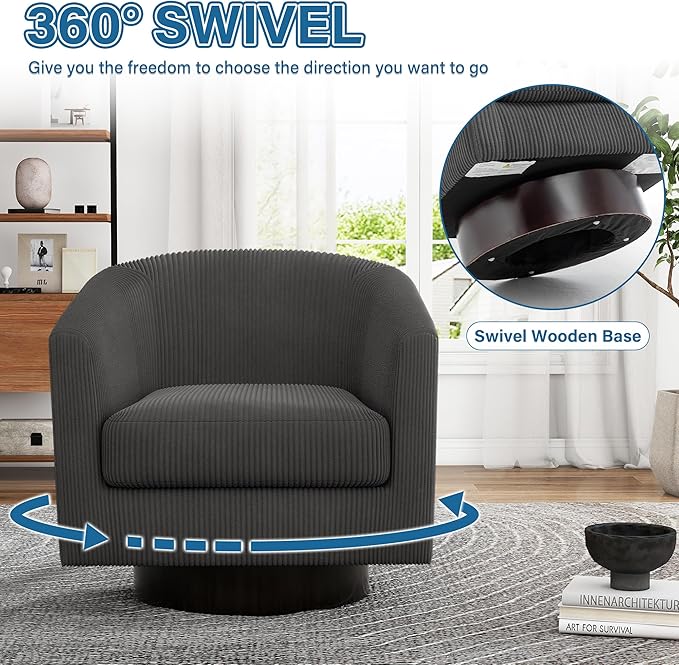 UIXE Swivel Accent Chair, Upholstered Corduroy Barrel Chair for Living Room, Small Single Sofa Bedroom Reading Seat, Gray