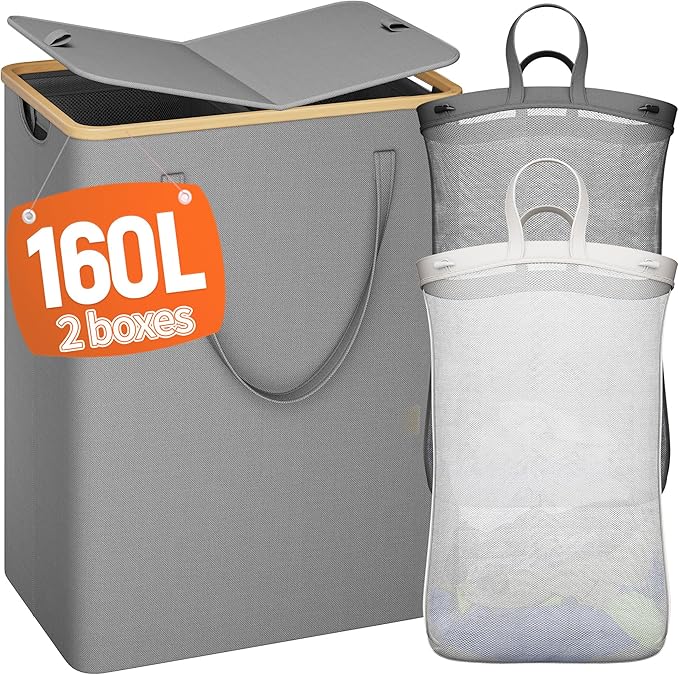 160L Double Laundry Hamper with Lid 2 Section, Large Bamboo Laundry Basket with 2 Removable Bags, Clothes Hampers for Laundry for Bedroom, Bathroom, Dorm, Laundry Room, Grey