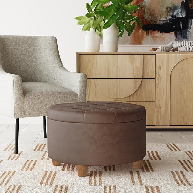 HomePop Home Decor | Button Round Storage Ottoman | Ottoman with Storage for Living Room & Bedroom, Brown Faux Leather