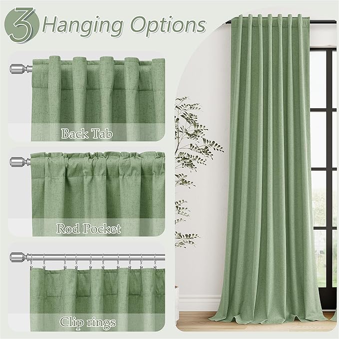 Guken 100% Blackout Linen Curtains 108 Inch Length 2 Panels Set for Living Room Bedroom Back Tab Thermal Insulated Black Out Linen Drapes Room Darkening Window Curtains,Light Sage