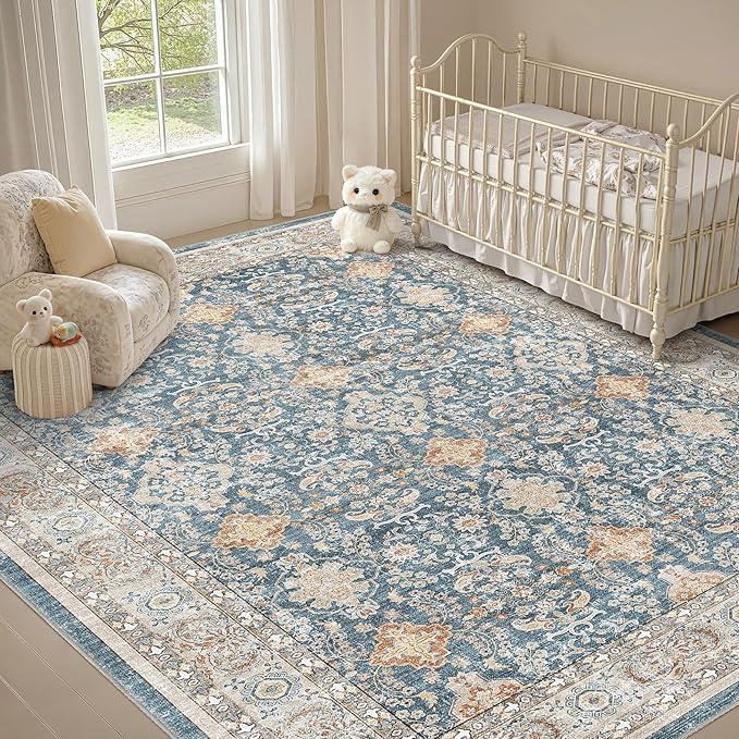 Area Rugs for Living Room: 9x12 Washable Rug Vintage Boho Floral Print - Ultra Thin Stain Resistant Large Soft Non Slip Foldable Carpets for Bedroom Dining Room Office Nursery - Blue
