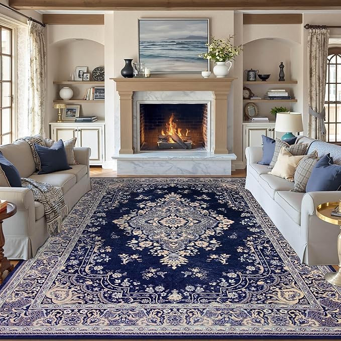 8x10 Area Rug for Living Room, Modern Washable Rug Non Slip Low Pile Large Area Rugs for Living Room, Bedroom, Farmhouse, Dining Room, Navy Blue
