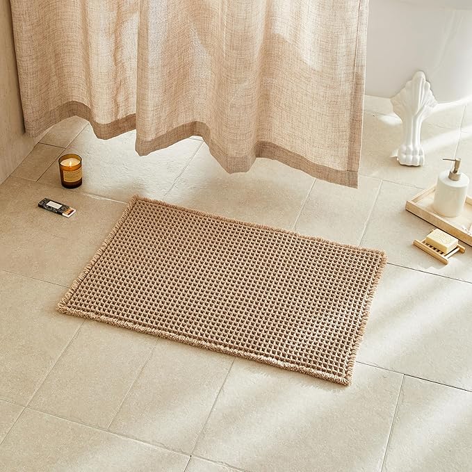 Waffle Bath Mat, Boho Bathroom Rugs Non Slip Washable Super Absorbent Quick Dry Farmhouse Bathroom Decor, 24"x16" Khaki