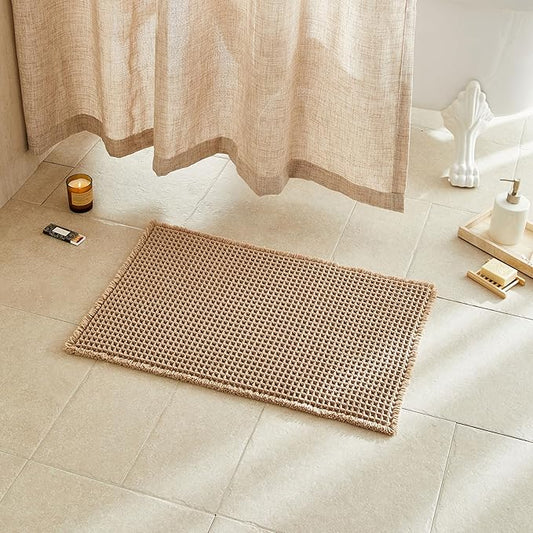 Waffle Bath Mat, Boho Bathroom Rugs Non Slip Washable Super Absorbent Quick Dry Farmhouse Bathroom Decor, 24"x16" Khaki