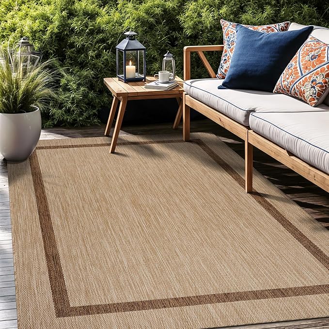Bordered Outdoor Rug 6x9 Washable Outside Carpet for Indoor Patio Porch Waterproof Easy Cleaning Non Shedding Area Rugs Jute Beige - Nut Brown 6 x 9