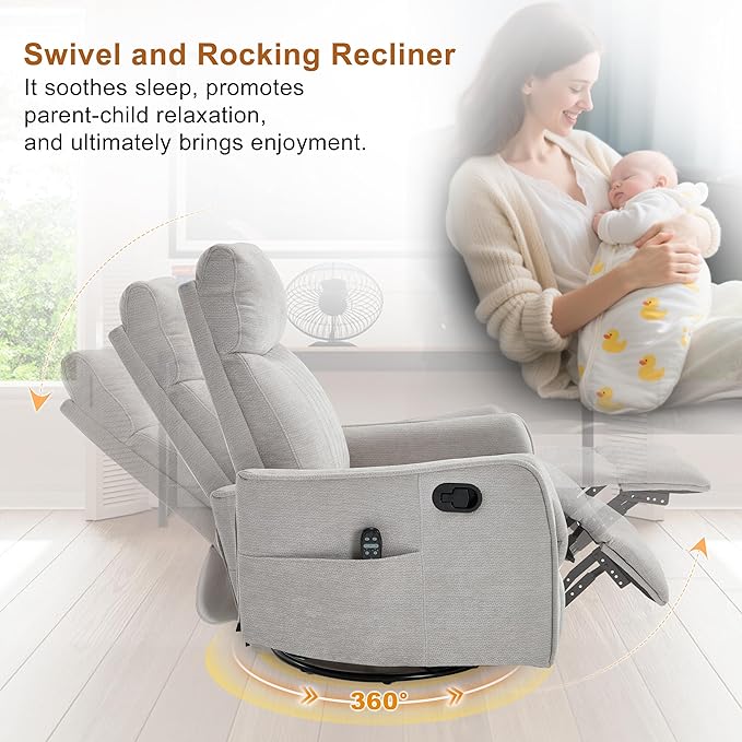 Manual Swivel Rocker Recliner Chair for Adults, Overstuffed Recliner Glider with Massage and Heat, Living Room Reclining Chair, Fabric Light Gray