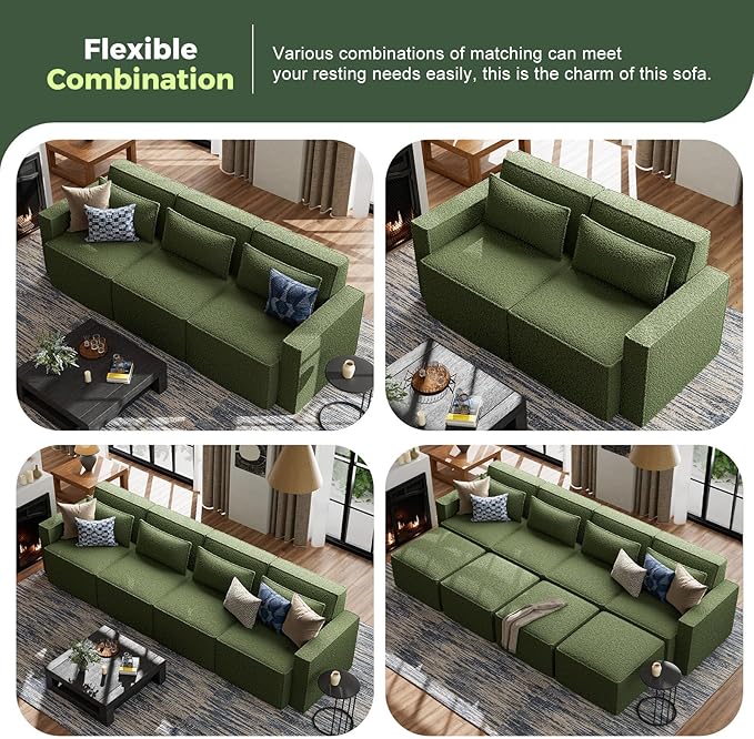 ELUCHANG Oversized Loveseat Sofa,Modern Boucle Sectional Sleeper Sofa with Strong Wood Frame,High Supportive & Soft Sponges Comfy Upholstered Couch Deep Seat Couch for Living Room Apartment Green