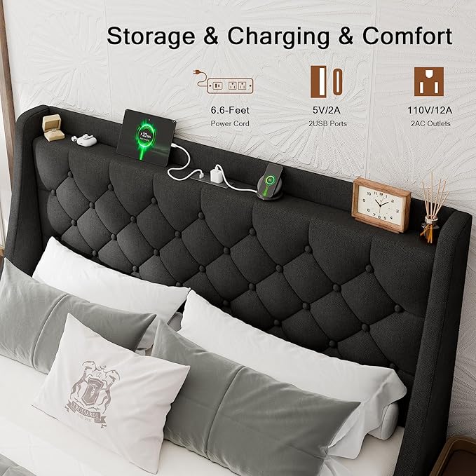 Queen Bed Frame with 4 Storage Drawers, Upholstered Modern Bed Frame with Wingback Headboard, Charging Station, No Box Spring Needed, Easy Assembly, Black