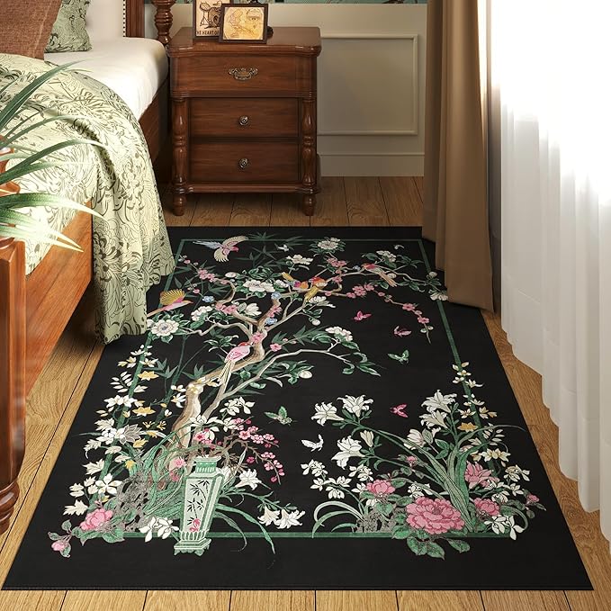 4x6 Rug Chinoiserie-Style Floral Vintage Washable Area Rugs Non Slip Low Pile Small Carpet for Bedroom, Bedside, Kids Room, Office, Dining Room, Black