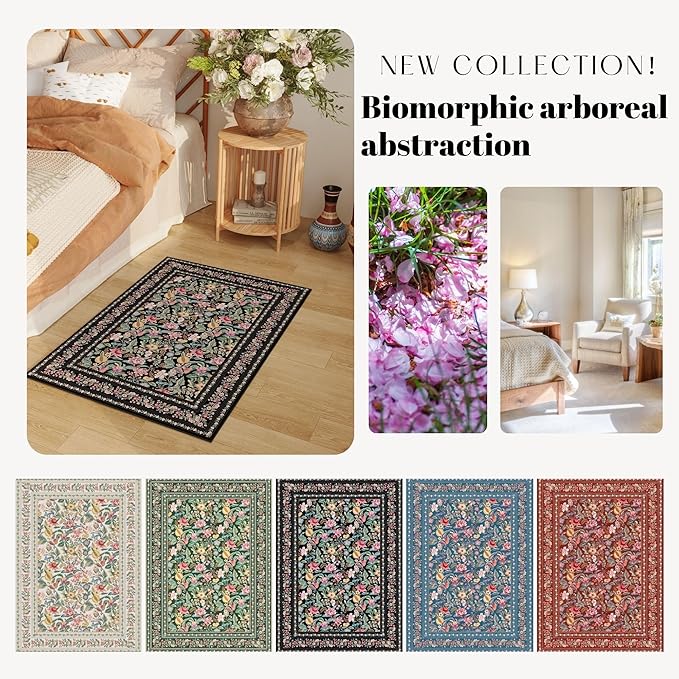 Door Mat Indoor Entrance 2x3 Rug Machine Washable Vintage Floral Small Area Rug Non-Slip Low Pile Throw Rugs for Entryway, Kitchen, Front Door Indoor Entrance, Entry, Kids Room, Black