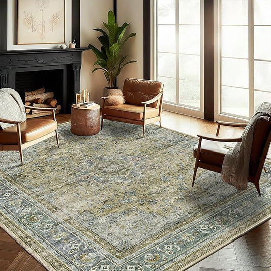 Washable Area Rug 10'x14' Boho Design Non-Shedding Easy Care Ideal for High Traffic Areas in Living Room Bedroom Office Coffee Table Kitchen Large Carpet