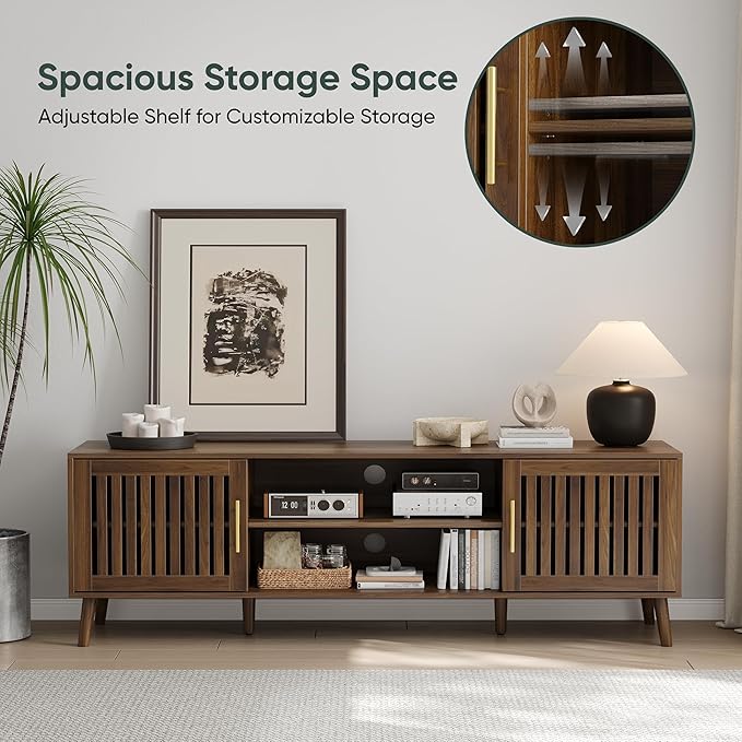 63" TV Stand, Mid-Century Modern Media Console with 2 Louvered Doors, Adjustable Shelves, Entertainment Center with Golden Handles for Living Room, Bedroom, Walnut