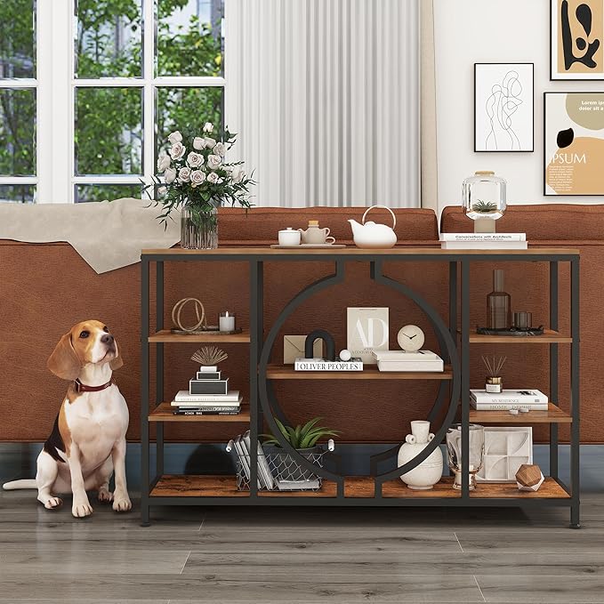 GiftGo 47" Industrial Console Tables for Entryway Rustic Sofa Table Behind Couch 4 Tier Wooden Shelves Entry Table with Storage for Foyer, Hallway, Front Door,Living Room (Rustic Brown, 47")