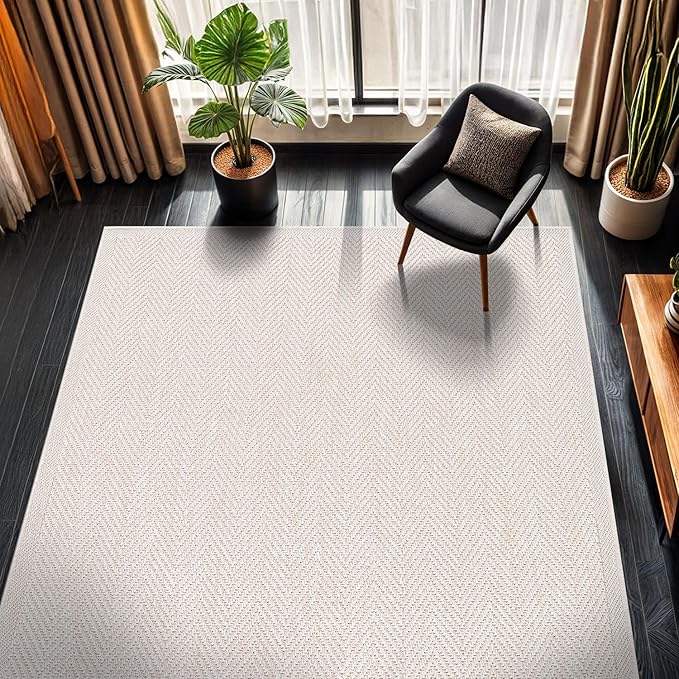 CAMILSON Easy Jute Rug 5x7, Indoor Outdoor Off-White Color Fiber Area Rugs for Living Room Patio and Kitchen Rug Herringbone Seagrass Woven Design Easy-Cleaning Washable Outside Carpet Alfombras 5 x 7