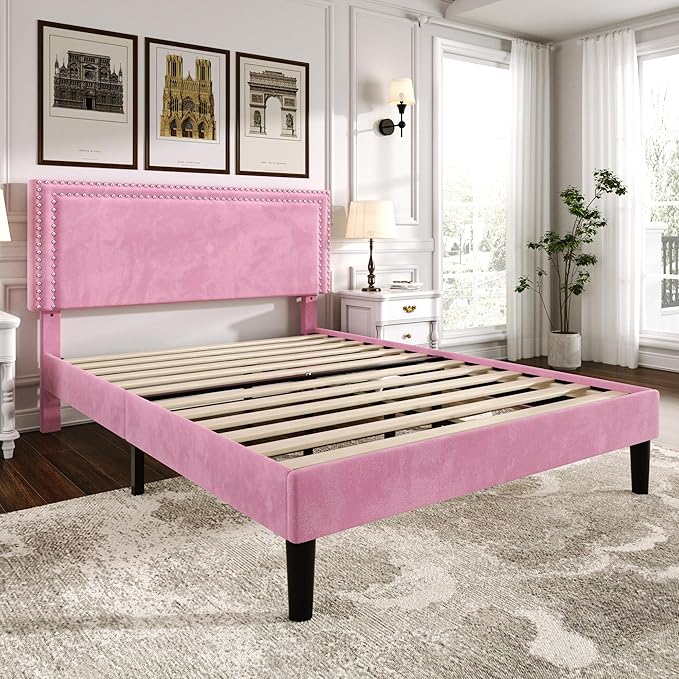 VECELO Queen Size Bed Frame with Adjustable Upholstered Headboard, Wooden Slats Platform, Noise-Free Design, No Box Spring Needed, Easy Assembly