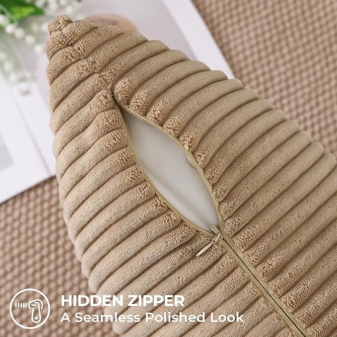 Mecatny Corduroy Decorative Throw Pillow Covers 20x20 Set of 2 for Sofa Living Room, Soft Neutral Boho Couch Pillow Covers for Home Decor, Khaki