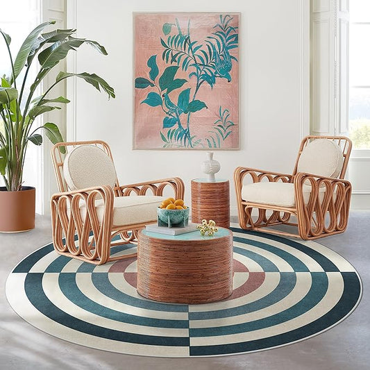 RUGGABLE x Jonathan Adler Machine Washable Modern Area Rug – Op Art Teal 8 ft Round, Stain-Resistant, Non-Slip – Large Rugs for Living Room, Bedroom, Hallway, Entryway & Office–with Cushioned Pad