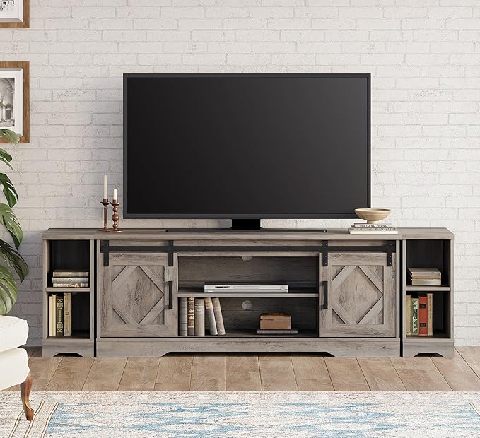 WAMPAT Modern Farmhouse 3 in 1 TV Stand for up to 85" TVs Wood Entertainment Center with Sliding Barn Door and Adjustable Media Storage Shelf for Living Room,Washed Grey