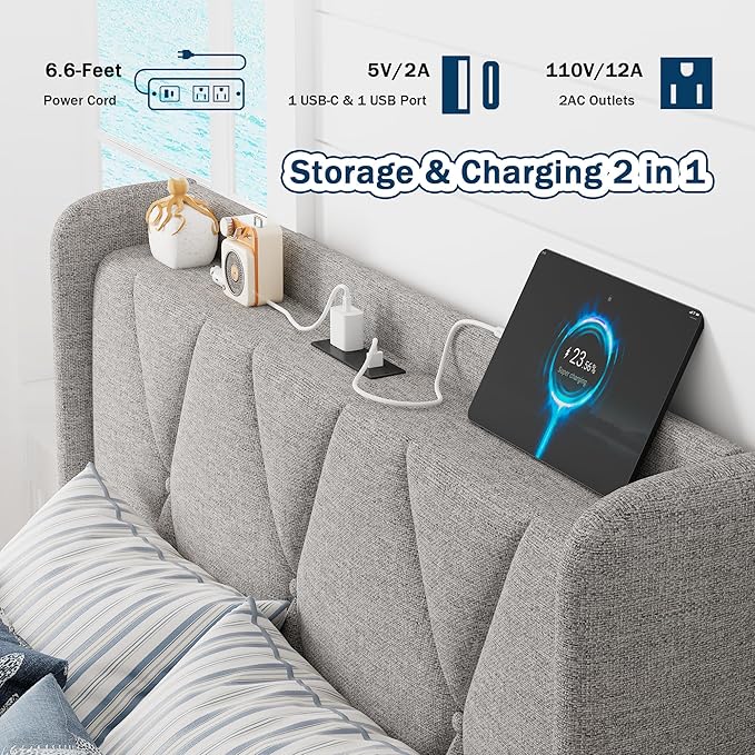 Twin Bed Frame with 4 Storage Drawers, Upholstered Platform Bed with Charging Station, Modern Wingback Storage Headboard, Easy Assembly,Noise-Free, Light Gray