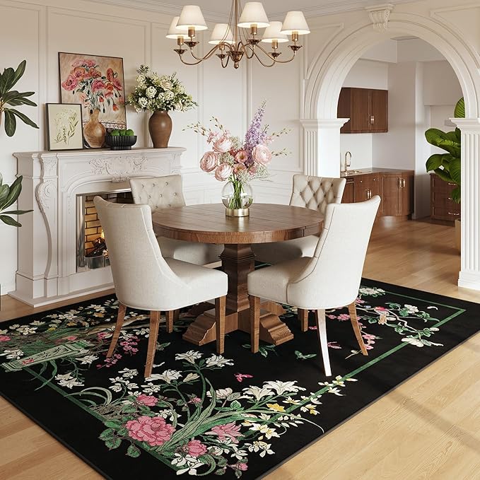 Area Rugs 8x10 Clearance Chinoiserie-Style Floral Vintage Machine Washable Non Slip Low Pile Large Rug for Bedroom, Farmhouse, Dining Room, Kids Playroom, Black