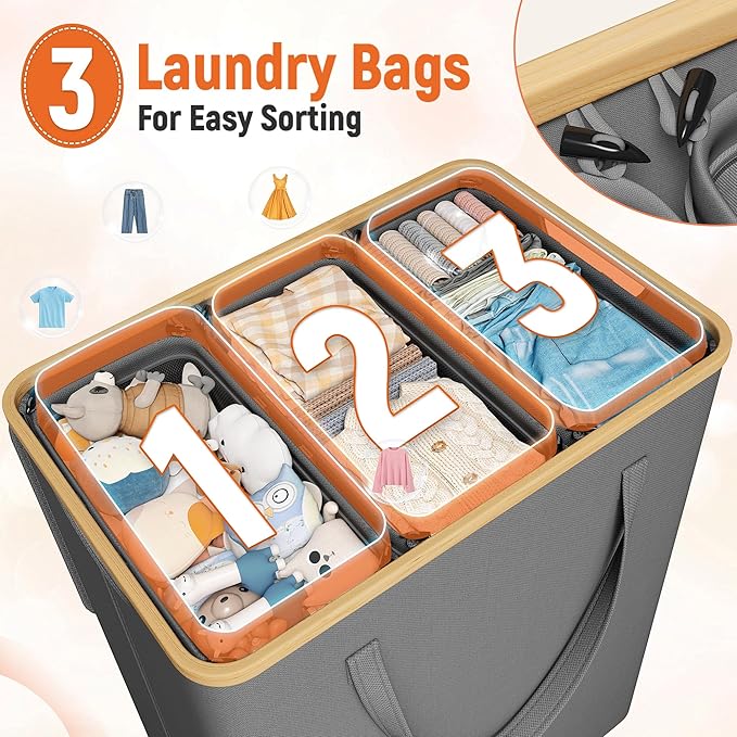 170L Laundry Hamper with Lid 3 Section, Extra Large Laundry Basket with 3 Removable Bags, Laundry Basket Organizer for Bedroom, Laundry Room, Dorm, Clothes Hamper, Grey