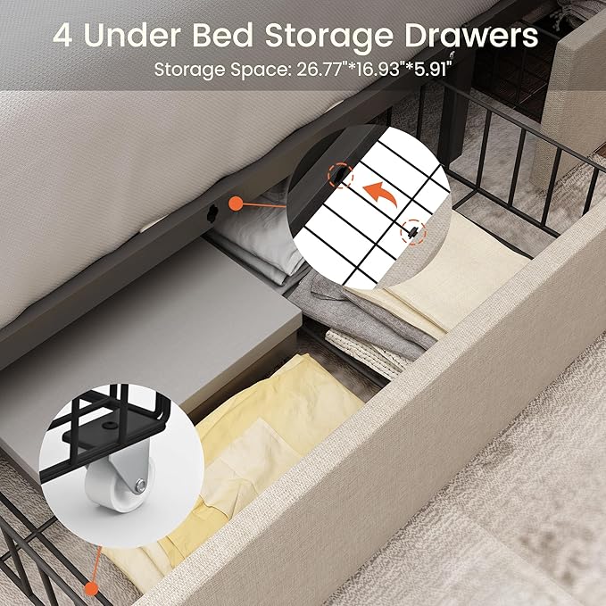 Queen Size Bed Frame with 4 Storage Drawers and Tufted Headboard Linen Upholstered Platform Bed Frame with Heavy Duty Wood Slats, No Box Spring Needed, Easy Assembly, Beige