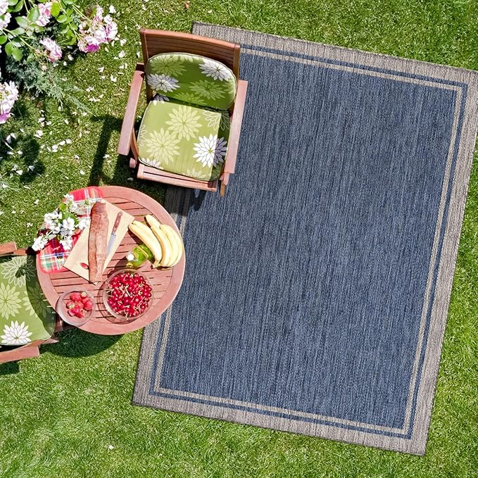 CAMILSON Outdoor Rug, 6x9 Bordered Navy Blue Gray Modern Area Rugs for Indoor and Outdoor Patios, Porches Waterproof Washable Porch Deck Outside Carpet (Bordered Navy, 6 x 9)