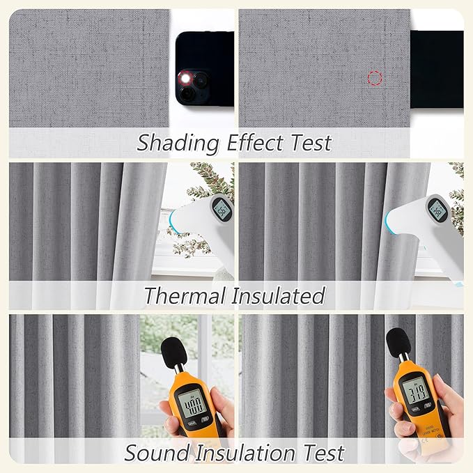 Guken Grey Linen Blackout Curtains 102 Inch Length 2 Panels Set for Living Room Bedroom Back Tab Thermal Insulated 100% Black Out Linen Drapes Room Darkening Window Curtains 102 Inches Long