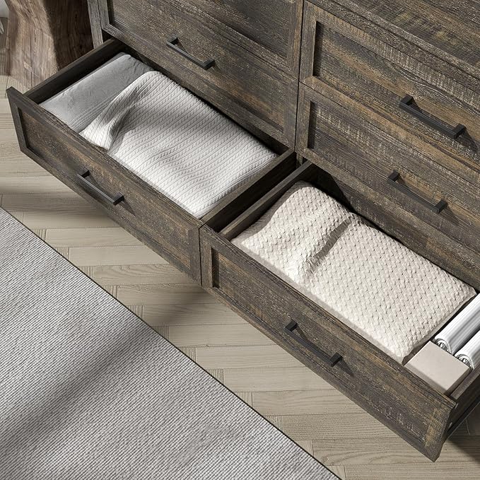 Farmhouse 6 Drawers Dresser for Bedroom, Wood Rustic Wide Chest with Natural Texture, Farmhouse Chest of Drawers for Bedroom, Hallway, Entryway, Dark Brown