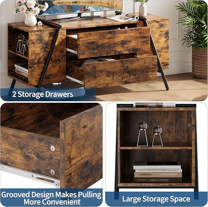 GarveeHome TV Stand for 47 Inch TV, Entertainment Center with 2 Drawers, Adjustable Shelves, U-Shaped Metal Legs, Farmhouse Wooden TV Console for Living Room, Bedroom, Amber Oak