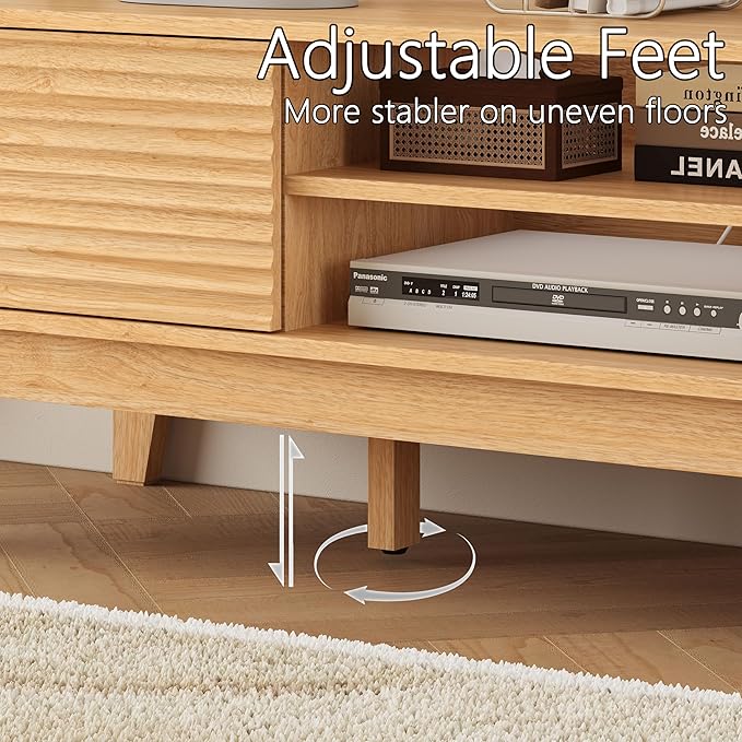 Fluted TV Stand for 55 65 Inch TV, Mid Century Modern Entertainment Center with Shelves, Cabinets & Sliding Doors, TV Media Console Table with Wood Feet & Cord Holes for Living Room, Bedroom, Natural