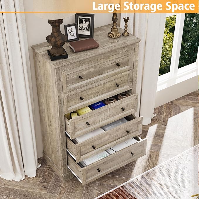 KIGOTY Dresser for Bedroom with 5 Drawers, Tall Wood Chest of Drawers, 5 Drawer Dresser Cabinets, Farmhouse Closet Clothes Organizer, Storage Cabinet with Metal Handles for Living Room (Grey)