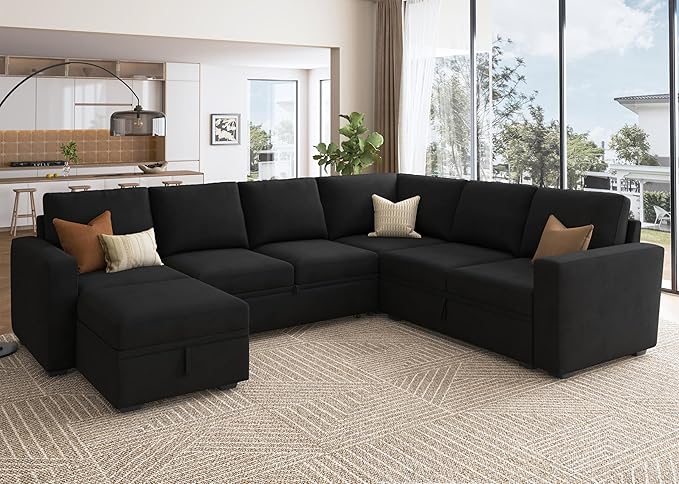 HONBAY Sectional Sleeper Couch with Pull Out Bed, U Shaped Sectional Sofa with Storage, Modular Velvet Sectional Couches for Living Room, Black