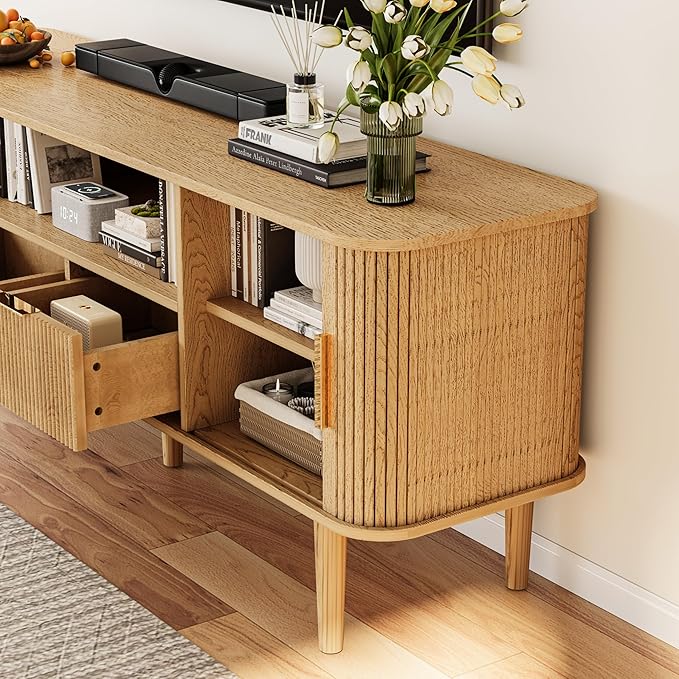 TV Stand 62.4 Inch Mid Century Modern Media Console Table with Drawer Sliding Tambour Door Farmhouse Sideboard Buffet Cabinet Fit TVs up to 75 inch Fluted Wood Entertainment Center(Oak)