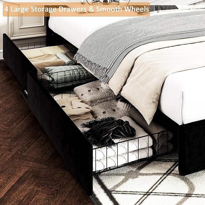 VECELO Full Size Upholstered Platform Bed Frame with 4 Storage Drawers, Adjustable Velvet Headboard Nailhead, Wooden Slats Support, No Box Spring Needed, Easy Assembly