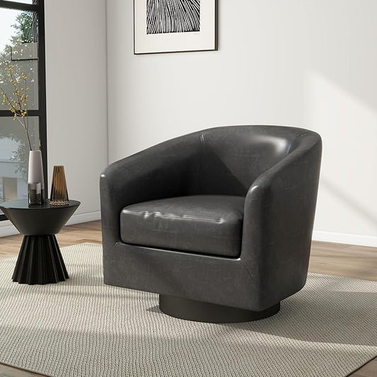 Swivel Barrel Chair, Modern Round PU Leather Accent Armchair for Living Room, Bedroom, Oversized Comfy Club Reading Chairs for Adults (Leather Black Grey, Set of 1)
