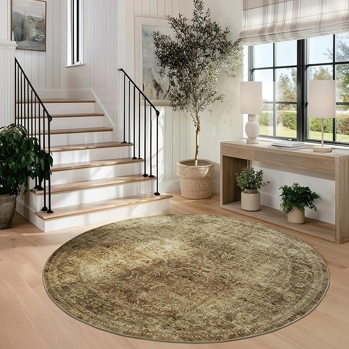 FMFUNCTEX 5ft Round Washable Area Rug Brown Vintage Neutral Distressed Non Slip Carpet for Living Room Bedroom Soft Low Pile Indoor Mat Retro Floral Throw Rug for Dining Room Office Nursery Bedside