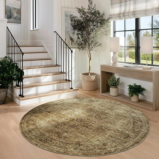 FMFUNCTEX 5ft Round Washable Area Rug Brown Vintage Neutral Distressed Non Slip Carpet for Living Room Bedroom Soft Low Pile Indoor Mat Retro Floral Throw Rug for Dining Room Office Nursery Bedside