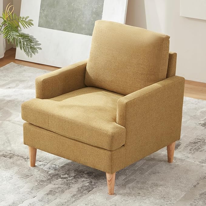 VKNOW Mid-Century Accent Chair, Modern Upholstered Chenille Armchair for Living Room,Comfy Reading Accent Chairs with Wood Legs for Bedroom, Yellow Polyester