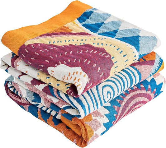Boho Throw Blanket for Bed-100% Cotton Soft Breathable Farmhouse Decor Boho Quilt for Sofa (Colorful Sun, 90"x98")