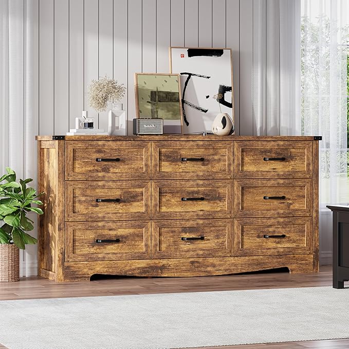 Dresser for Bedroom, 59'' Wide Wooden Chest of Drawers with Natural Wood Texture, 9 Drawer Dresser for Closet with Metal Handles, Sleek Storage Solution for Living Room, Office, Hallway, Brown