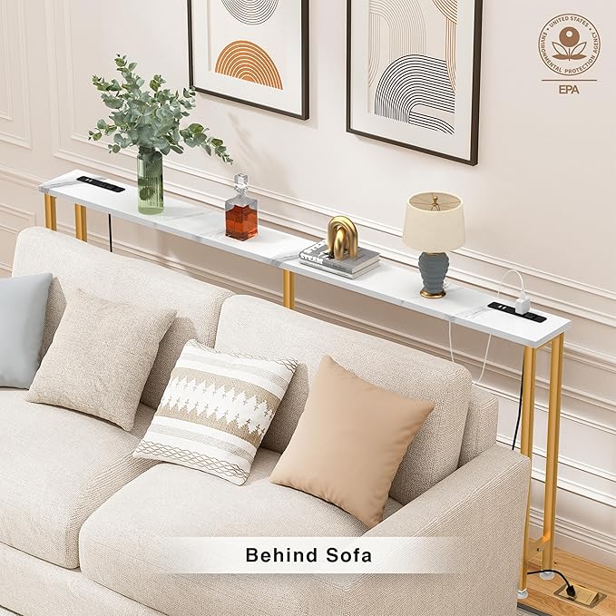 70Inch Console Table with Outlet, Sofa Table with Charger,Skinny Hallway Table, Narrow Entryway Table,Table Behind Sofa,for Living Room,Gold & White