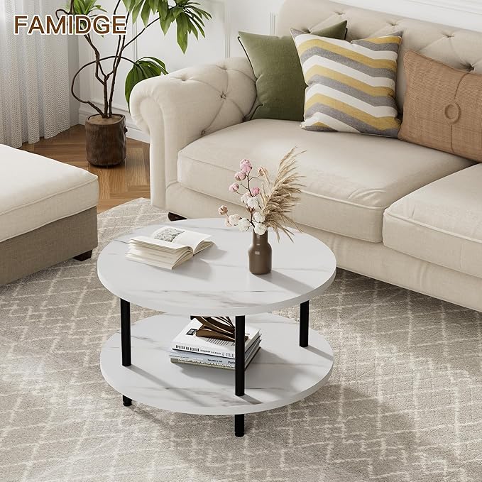 Round Coffee Table, 23.6" Circle Coffee Table for Living Room, 2-Tier Wood Accent Center Table with Open Storage Industrial Design Home Furniture, White