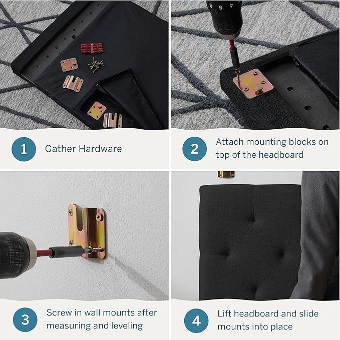 Lucid Mid-Rise Upholstered Headboard - Diamond Tufted - Padded Polyester - Adjustable Height from 34” to 46” - Easy Assembly - Bed Frame or Wall Mount - Sturdy - Charcoal - Full / Full XL Size