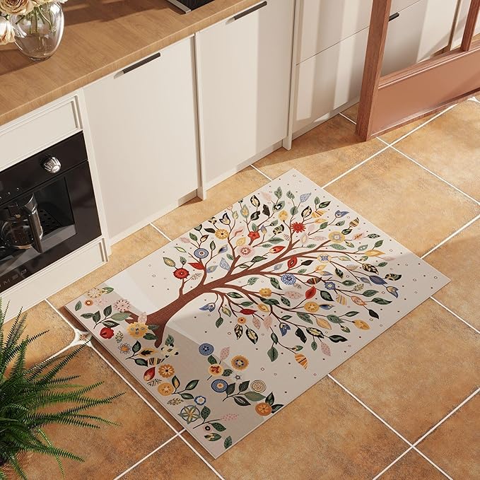 Door Mat Indoor Entrance 2x3 Rug Floral Tree Machine Washable Small Area Rug Bohemian Non-Slip Low Pile Throw Rugs for Entryway, Kitchen, Front Door Indoor Entrance, Entry, Kids Room, Beige