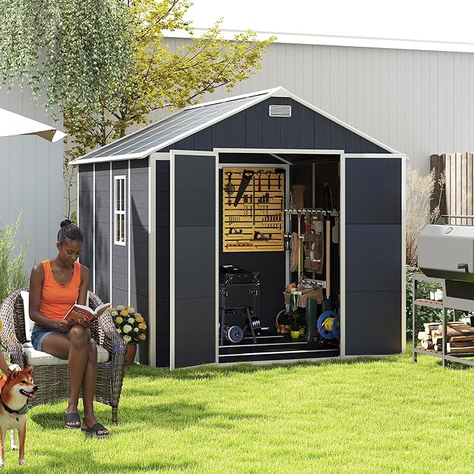 8x8 FT Outdoor Storage Resin Shed with Floor, Waterproof Plastic Garden Tool Shed with Windows, Vents & Lockable Door and Sloped Roof, Easy to Assemble Bike Shed for Patio, Backyard, Lawn, Black