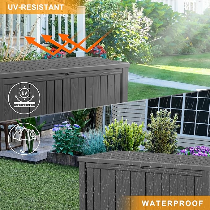 120 GallonOutdoor Storage Box,Resin Deck Boxes Waterproof, IndoorOutdoor Bin for Package Delivery, Patio Cushions, Gardening Tools, Lockable, UV Resistant