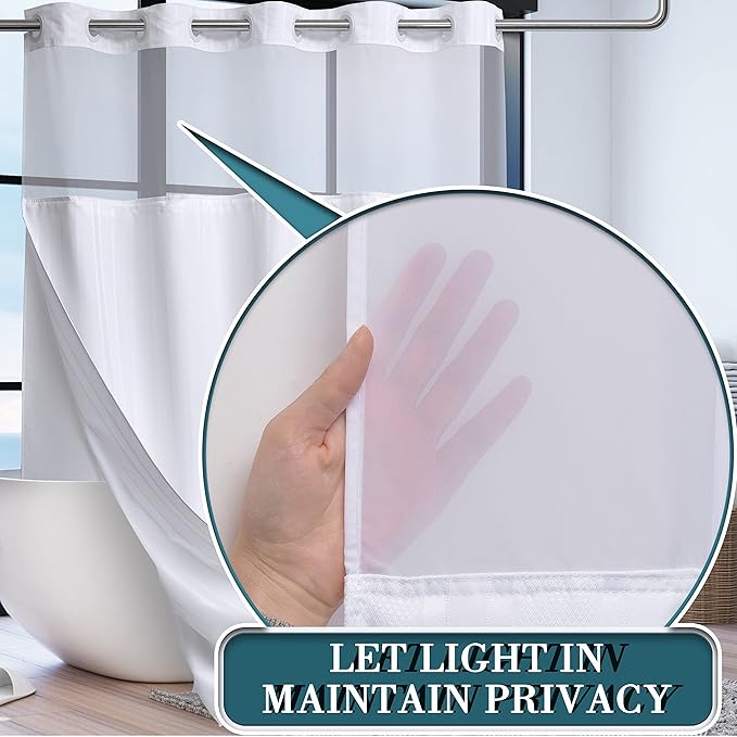 Extra Long No Hook Waffle Weave Shower Curtain with Snap in Liner Set, Hotel Luxury White Shower Curtains for Bathroom with See Through Top Window, Waterproof, Washable 71W x 84H Stripe