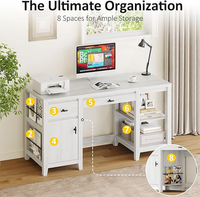 58" Executive Desk with Foldable Keyboard Tray and Charging Station, Farmhouse Wood Home Office Desk with Drawers and Magazine Rack, Large Writing Computer Desk for Home Office and Study, White